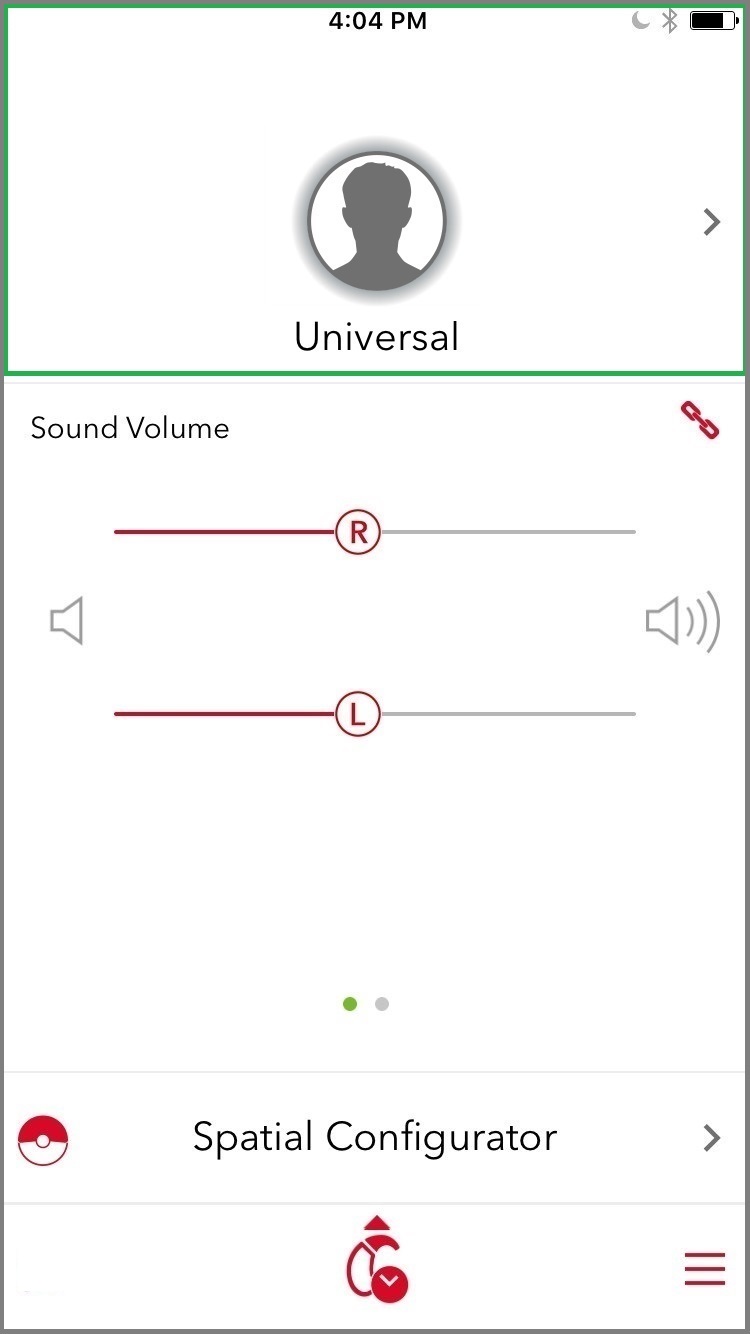 The start page of the myControl app allows the user to change volume, programs, and adjust the Spatial Configurator.