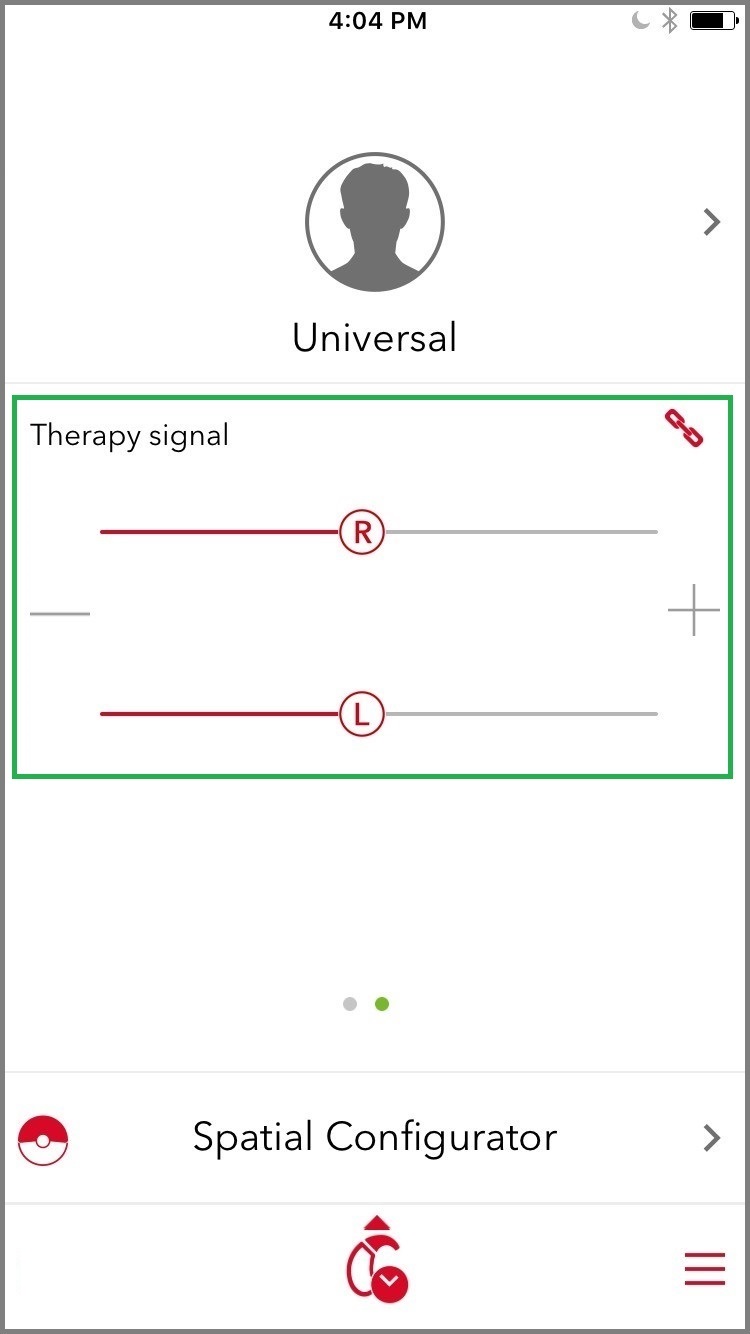 By tapping on the &#8220;link&#8221; icon, the wearer can also adjust the volume of the two hearing aids independently via two separate volume control bars. Note that separate adjustment is only possible if the clinician has deactivated volume control coupling in Connexx. By default, a single volume slider is shown which adjusts the volume of both hearing aids simultaneously. When applicable, the wearer can also swipe across the middle of the screen to adjust volume for tinnitus therapy volume.