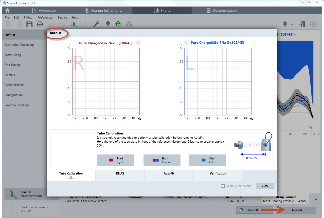 To open the AutoFit window, click on “Autofit”. You will find this on the bottom right corner of the First Fit page. Importantly, this tab will only appear if compatible hardware is installed on the system and the hearing aids are connected or used in simulation mode (Figure 5).