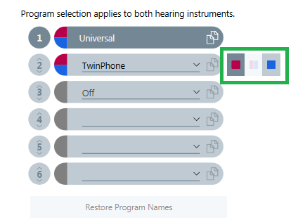 Once TwinPhone is selected, indicate the side with poorer hearing by clicking on the red or blue square to the right of TwinPhone. In the figure below, the right ear is selected, which means that the signal picked up on the right side will be transmitted to both ears. The default selection is the right side.