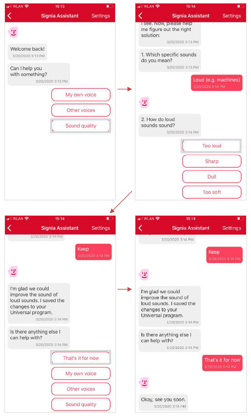 This way, two people in the same noisy restaurant, will get the solution the neural network has identified as best, specifically for them. Perhaps the best way to understand the Signia Assistant is to walk through how it is actually used in a real-world setting [7]: our hearing aid wearer takes out his smart phone, opens the Signia Assistant and the conversation starts: