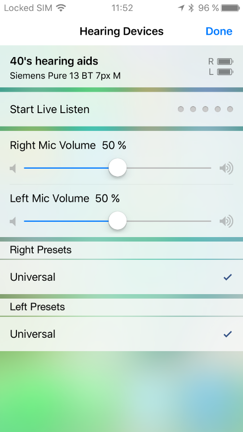 Since Signia Bluetooth hearing aids are Made-for-iPhone, the iPhone is also able to directly communicate with the hearing aids outside of the myHearing app. Triple-click the home button to access the iOS Accessibility Shortcut which allows wearers to control the paired hearing aids. This screen displays basic hearing aid characteristics, battery status, volume settings, and the activated program.