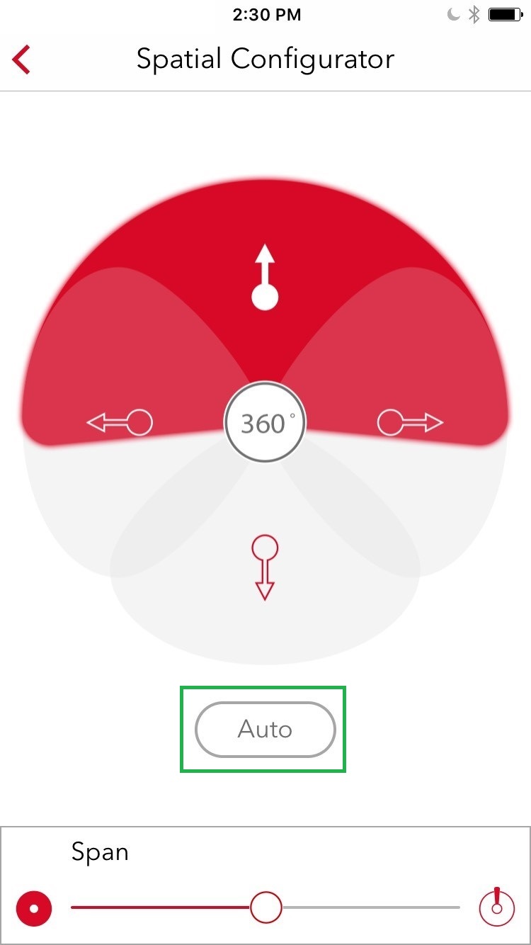 In the default hearing aid setting, Spatial Configurator is disabled and the hearing aids automatically steer themselves. When activated, Spatial Configurator lets the wearer adjust the focus area that the user wants to listen to.